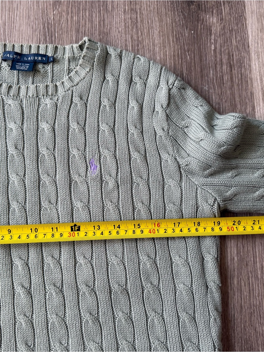 Ralph Lauren Cable Knit Cotton Sweater Green Gray Purple Pony Size L - Picture 6 of 7